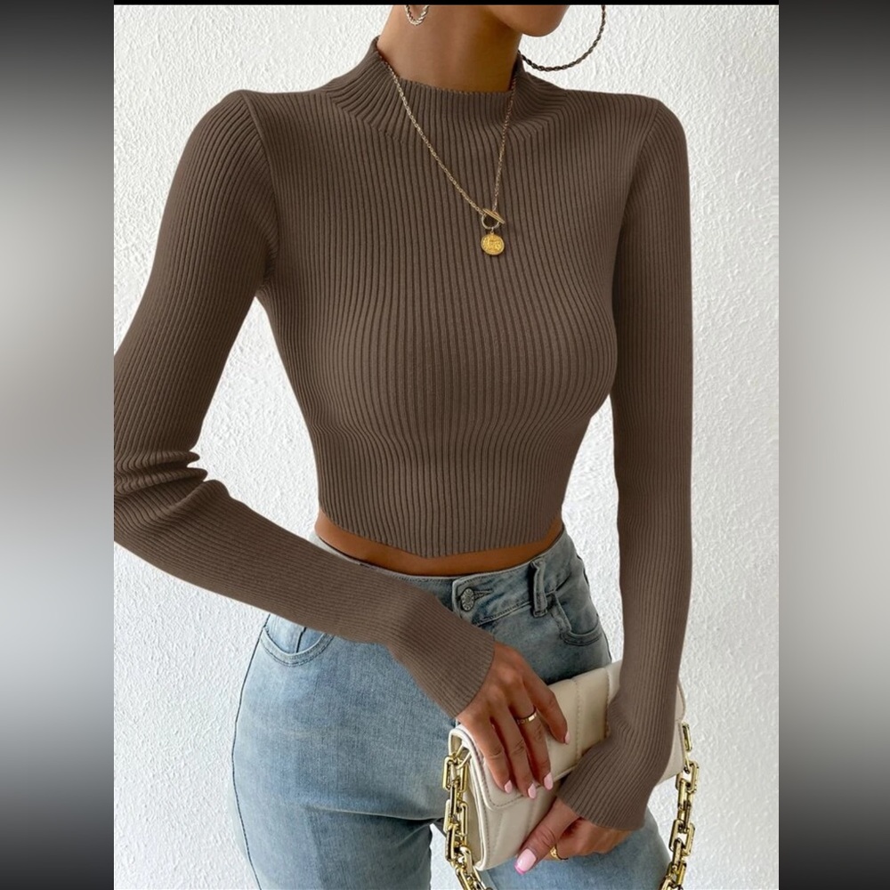 Coffee Brown Mock Neck Rib-knit Crop Long Sleeve Sweater